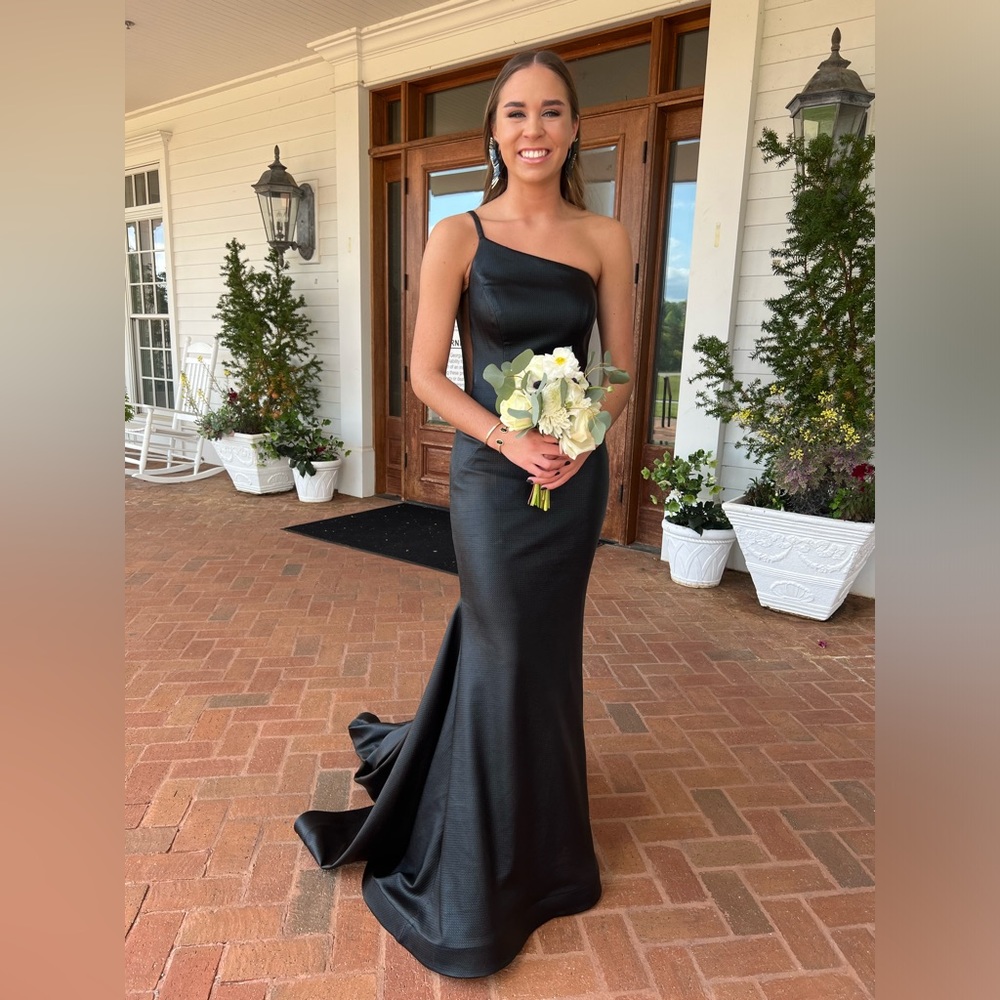 Black Jovani Leatherlike Long Prom Dress.  One Shoulder Size 2
